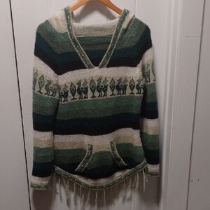 Handknit Alpaca Wool 🦙 From Ecuador Striped Green V-Neck Hoodie Sweater